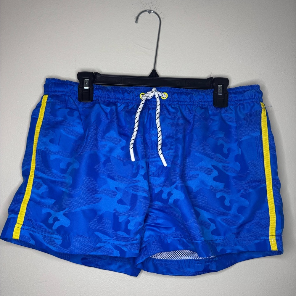 AussieBum Swim Trunks Men's Large Blue‎ Camo Yellow Stripe
